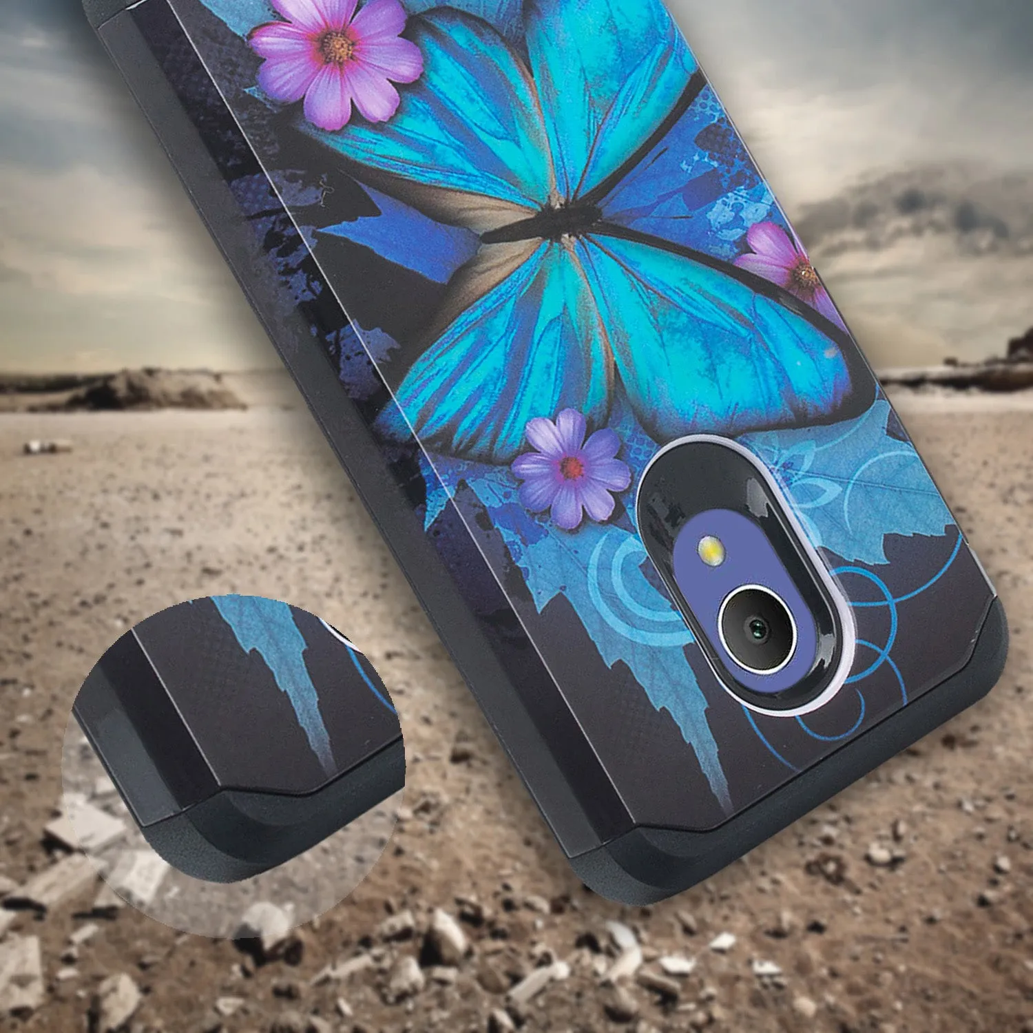 Alcatel 1x Evolve, TCL LX, Avalon V, IdealXTRA Case, [Includes Temper Glass Screen Protector] Slim Hybrid Dual Layer [Shock Resistant] Cover - Blue Butterfly