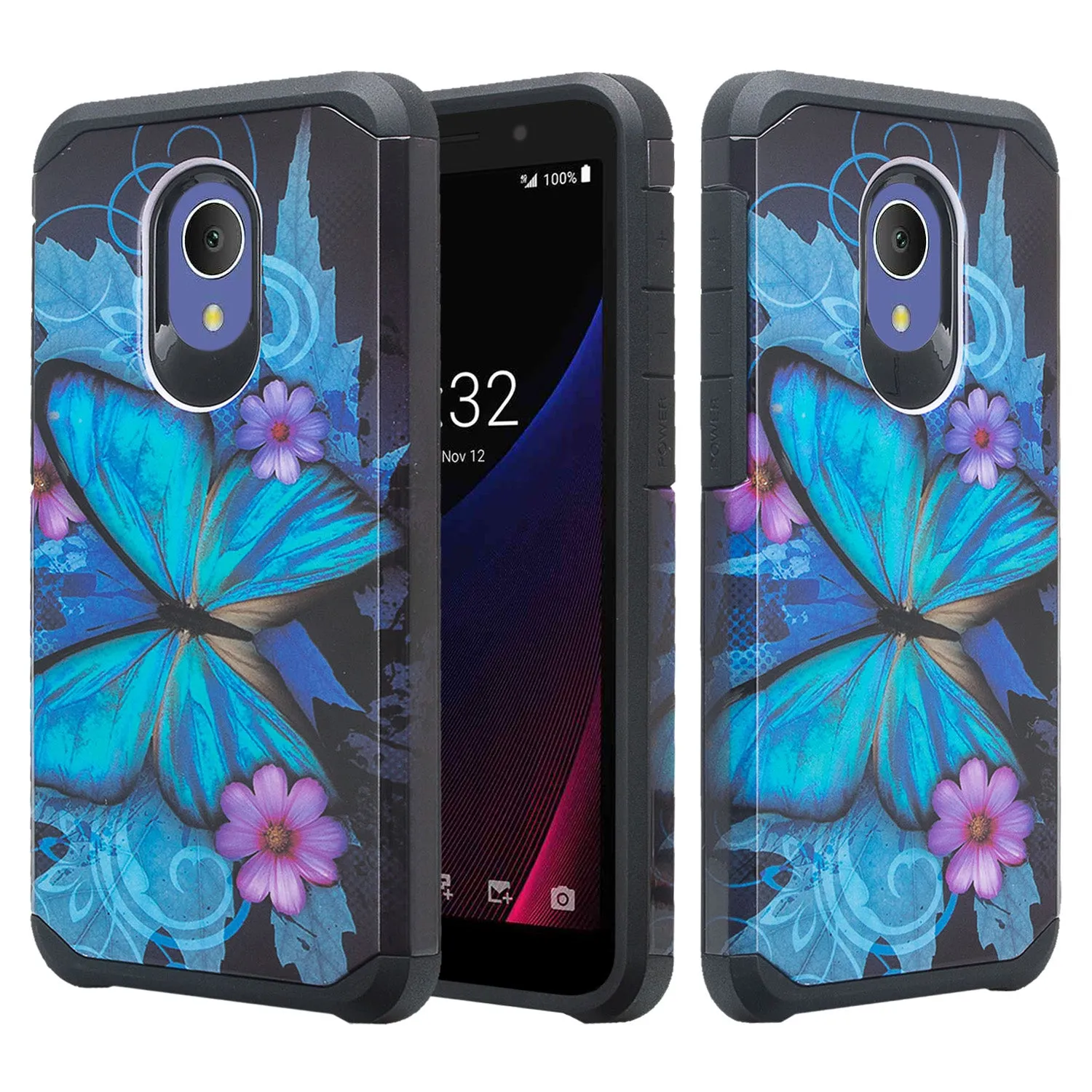 Alcatel 1x Evolve, TCL LX, Avalon V, IdealXTRA Case, [Includes Temper Glass Screen Protector] Slim Hybrid Dual Layer [Shock Resistant] Cover - Blue Butterfly