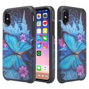 Apple iPhone X, Iphone 10, Slim Hybrid Dual Layer Shock Resistant Case Cover - Blue Butterfly