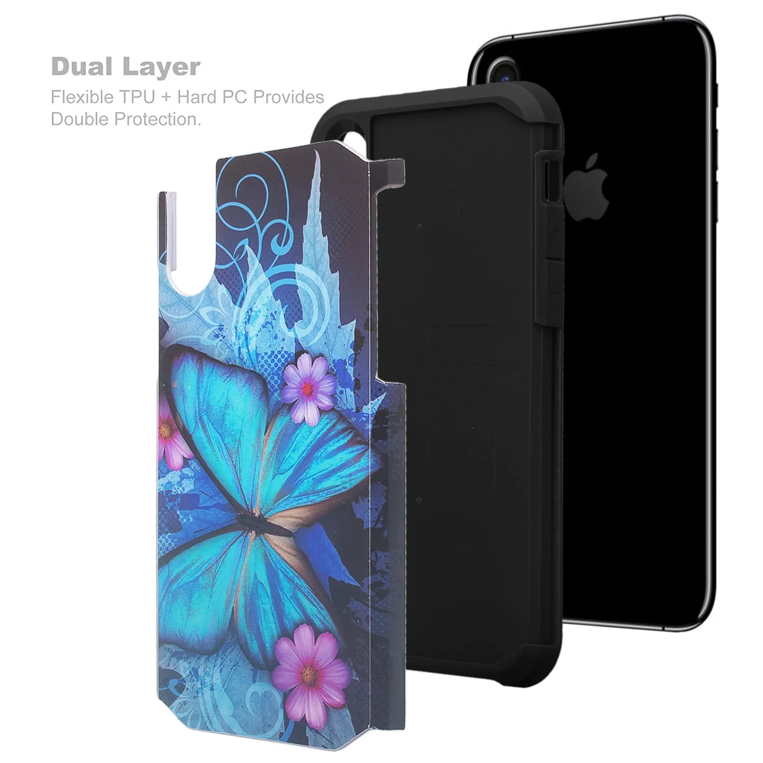 Apple iPhone X, Iphone 10, Slim Hybrid Dual Layer Shock Resistant Case Cover - Blue Butterfly