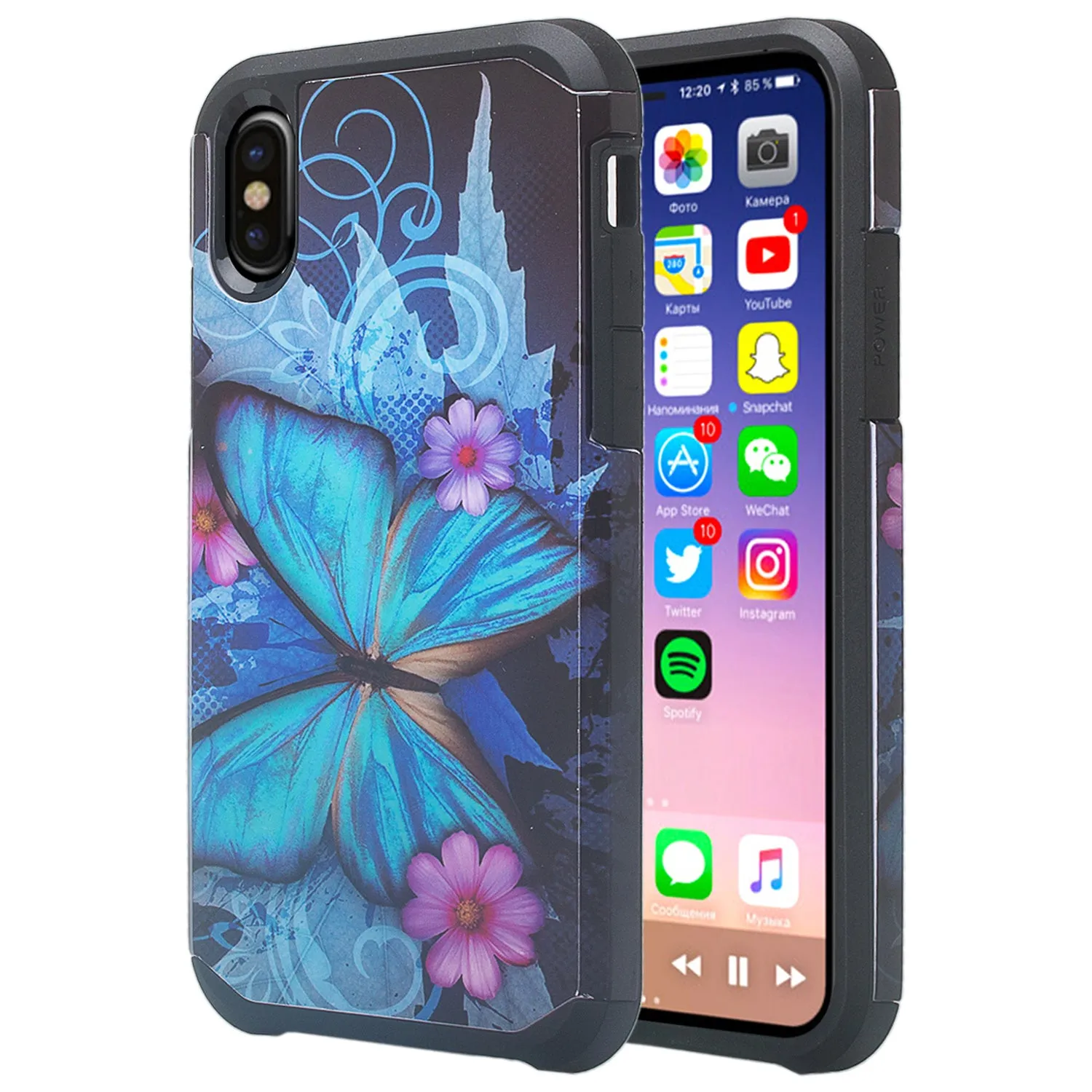 Apple iPhone X, Iphone 10, Slim Hybrid Dual Layer Shock Resistant Case Cover - Blue Butterfly