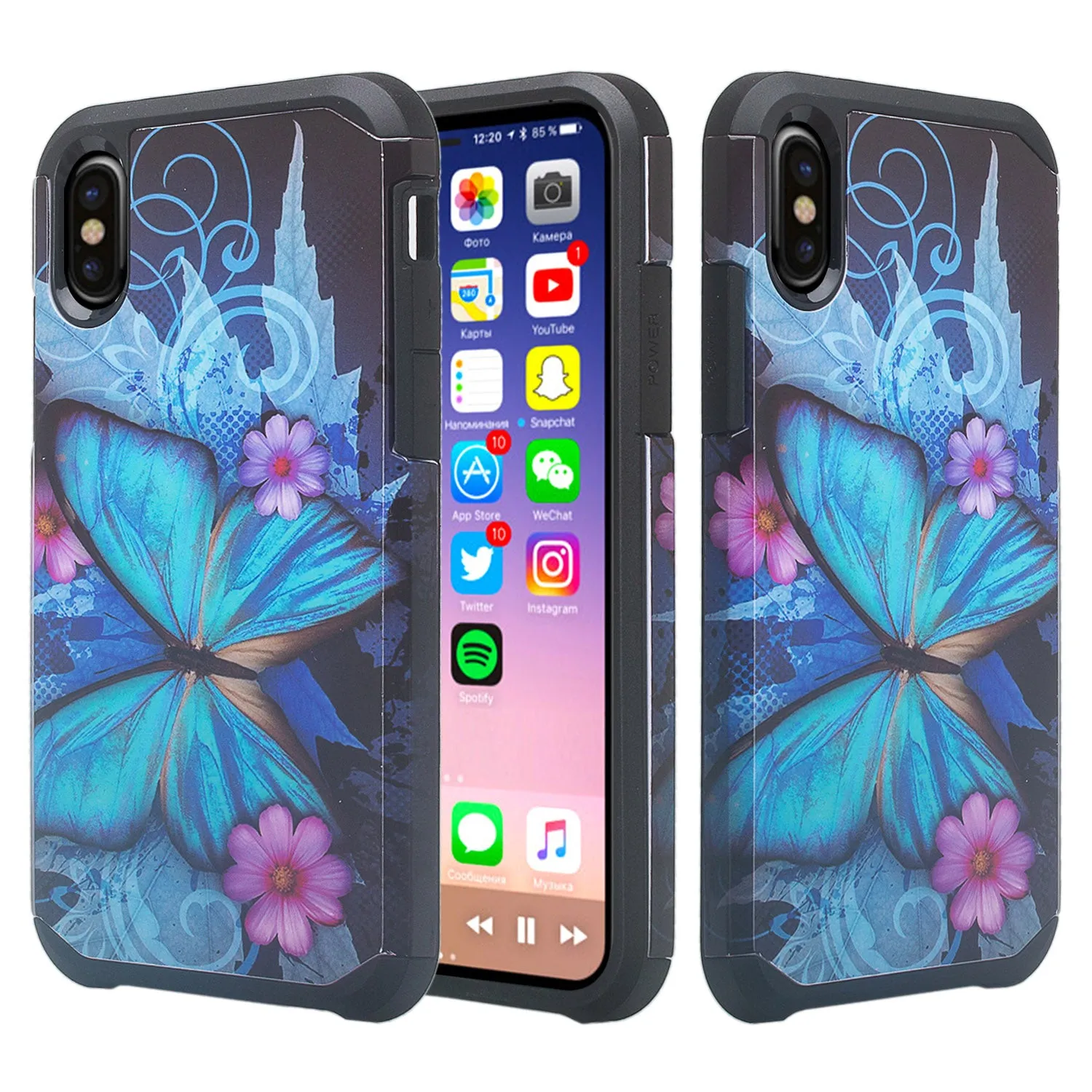 Apple iPhone X, Iphone 10, Slim Hybrid Dual Layer Shock Resistant Case Cover - Blue Butterfly