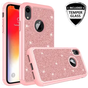 Apple iPhone XR Case, Apple A1984 Glitter Bling Heavy Duty Shock Proof Hybrid Case with [HD Screen Protector] Dual Layer Protective Phone Case Cover for Apple iPhone XR W/Temper Glass - Rose Gold