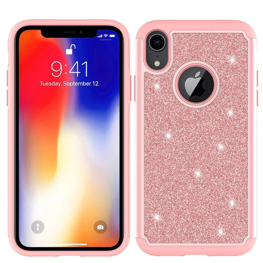 Apple iPhone XR Case, Apple A1984 Glitter Bling Heavy Duty Shock Proof Hybrid Case with [HD Screen Protector] Dual Layer Protective Phone Case Cover for Apple iPhone XR W/Temper Glass - Rose Gold