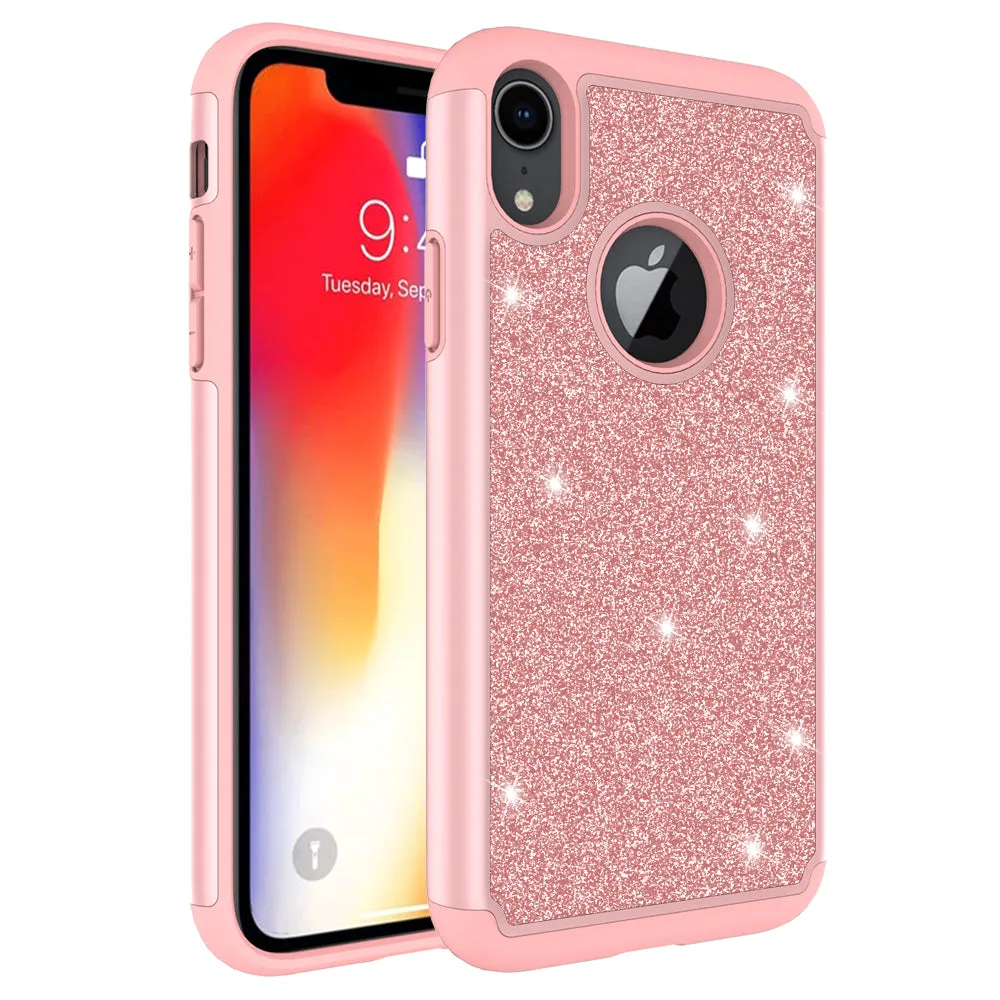 Apple iPhone XR Case, Apple A1984 Glitter Bling Heavy Duty Shock Proof Hybrid Case with [HD Screen Protector] Dual Layer Protective Phone Case Cover for Apple iPhone XR W/Temper Glass - Rose Gold