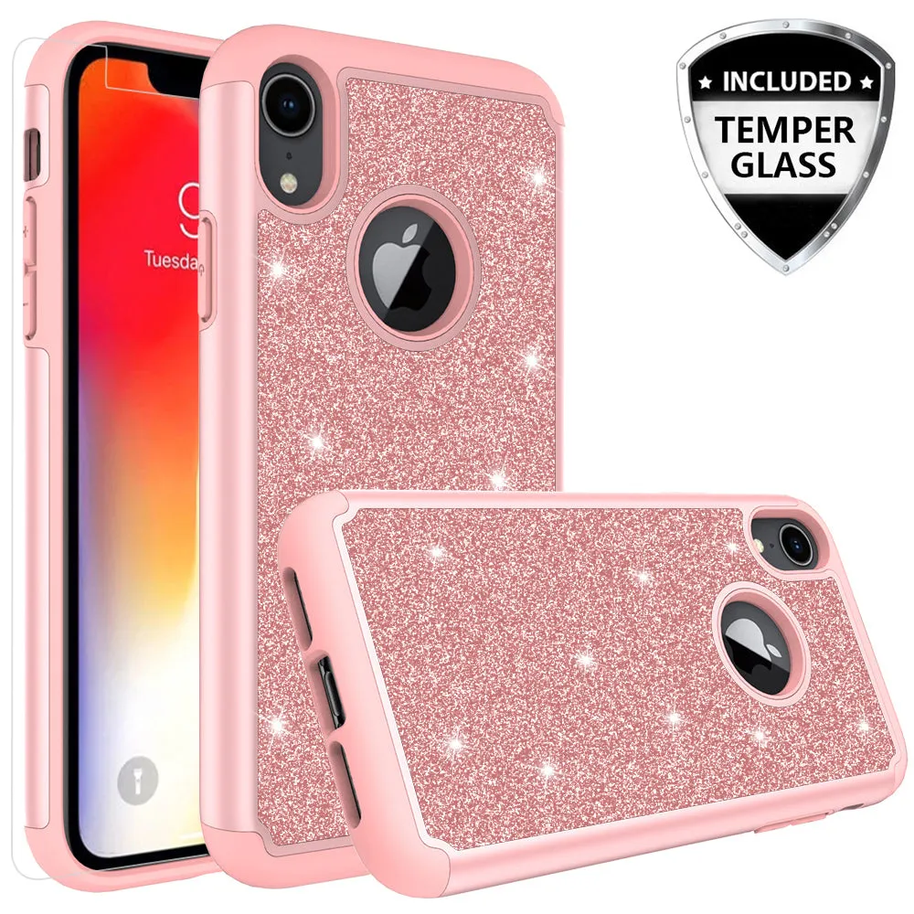 Apple iPhone XR Case, Apple A1984 Glitter Bling Heavy Duty Shock Proof Hybrid Case with [HD Screen Protector] Dual Layer Protective Phone Case Cover for Apple iPhone XR W/Temper Glass - Rose Gold