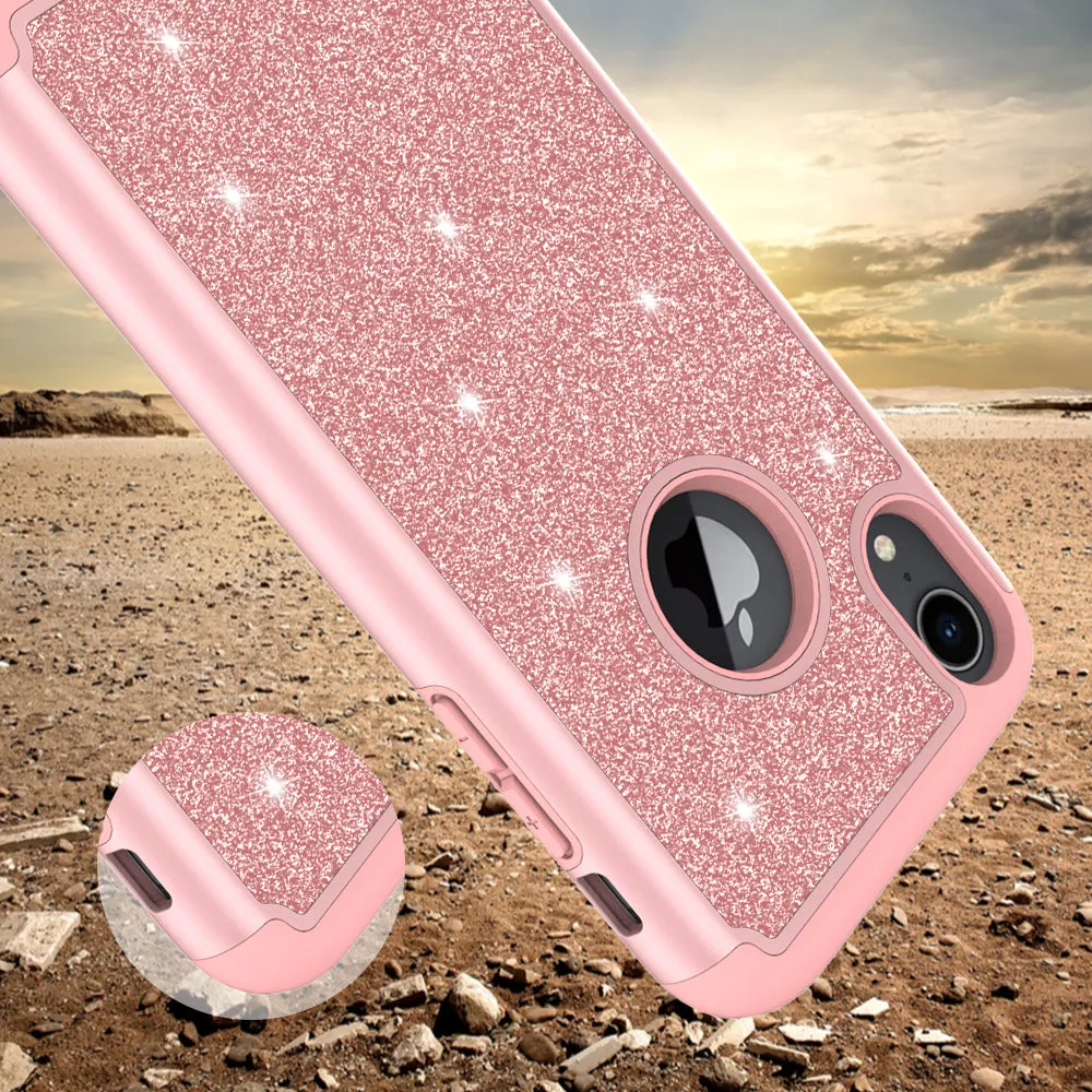 Apple iPhone XR Case, Apple A1984 Glitter Bling Heavy Duty Shock Proof Hybrid Case with [HD Screen Protector] Dual Layer Protective Phone Case Cover for Apple iPhone XR W/Temper Glass - Rose Gold