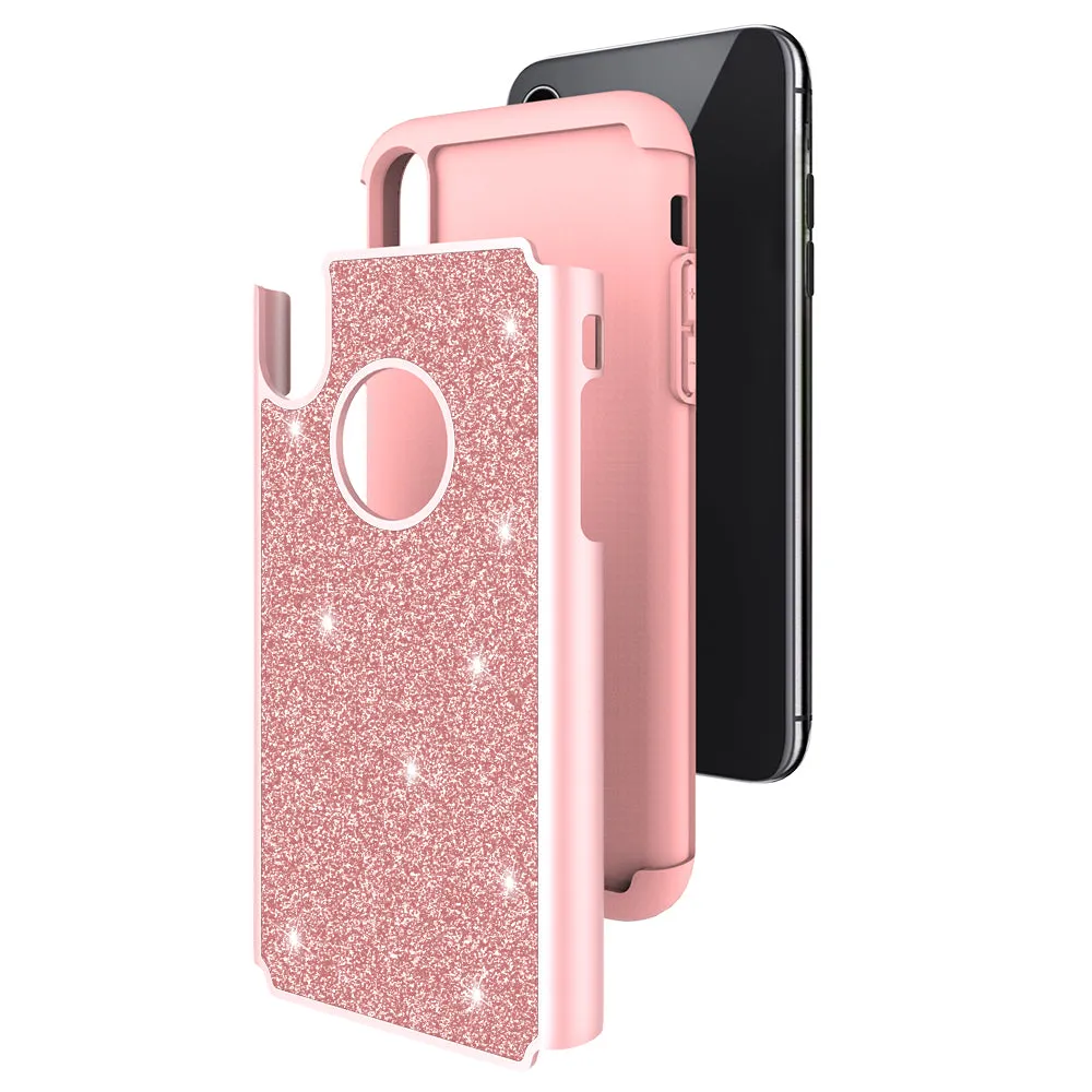 Apple iPhone XR Case, Apple A1984 Glitter Bling Heavy Duty Shock Proof Hybrid Case with [HD Screen Protector] Dual Layer Protective Phone Case Cover for Apple iPhone XR W/Temper Glass - Rose Gold