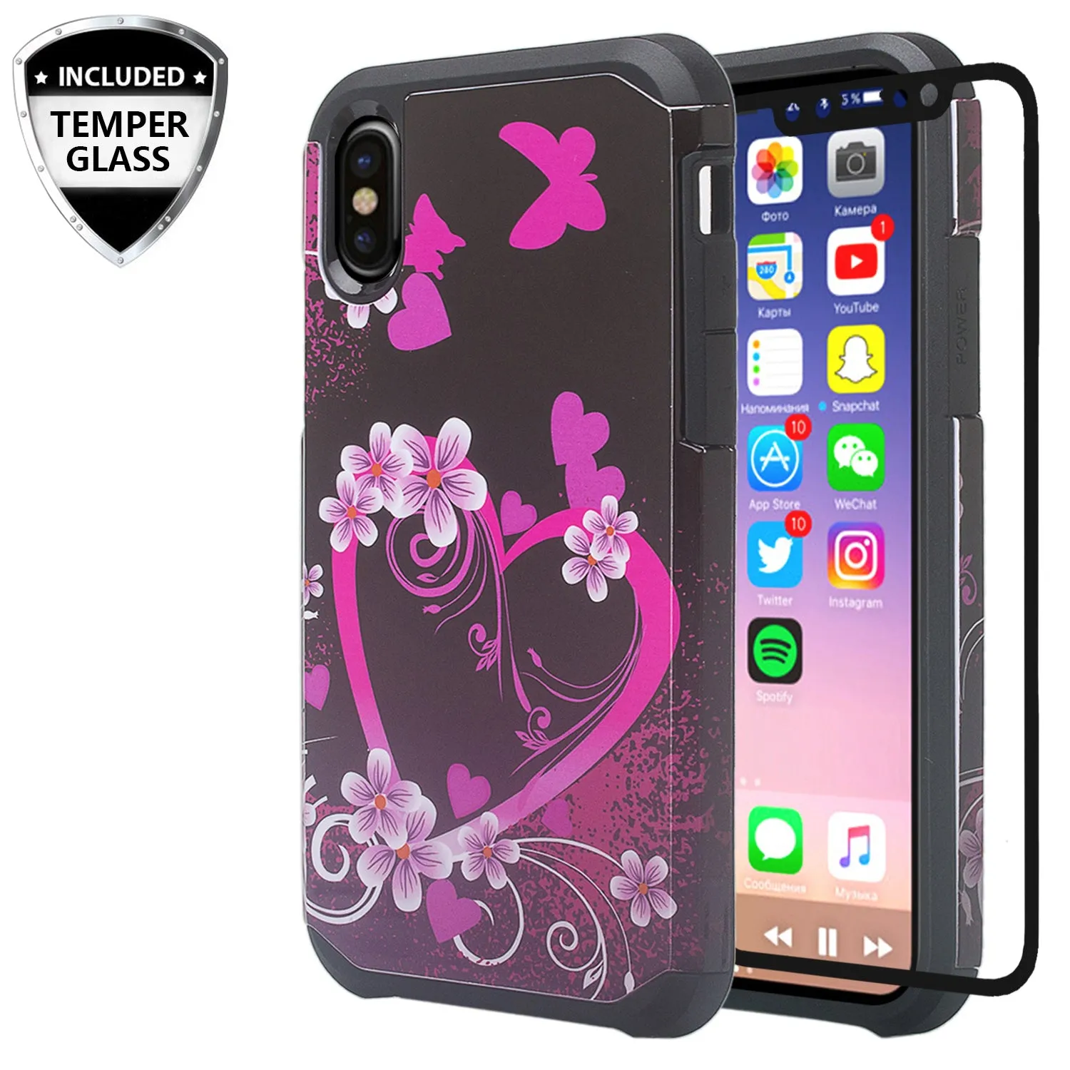 Apple iPhone XR Case, Apple A1984, [Include Temper Glass Screen Protector] Slim Hybrid Dual Layer [Shock Resistant] Case for iPhone XR - Heart Butterflies