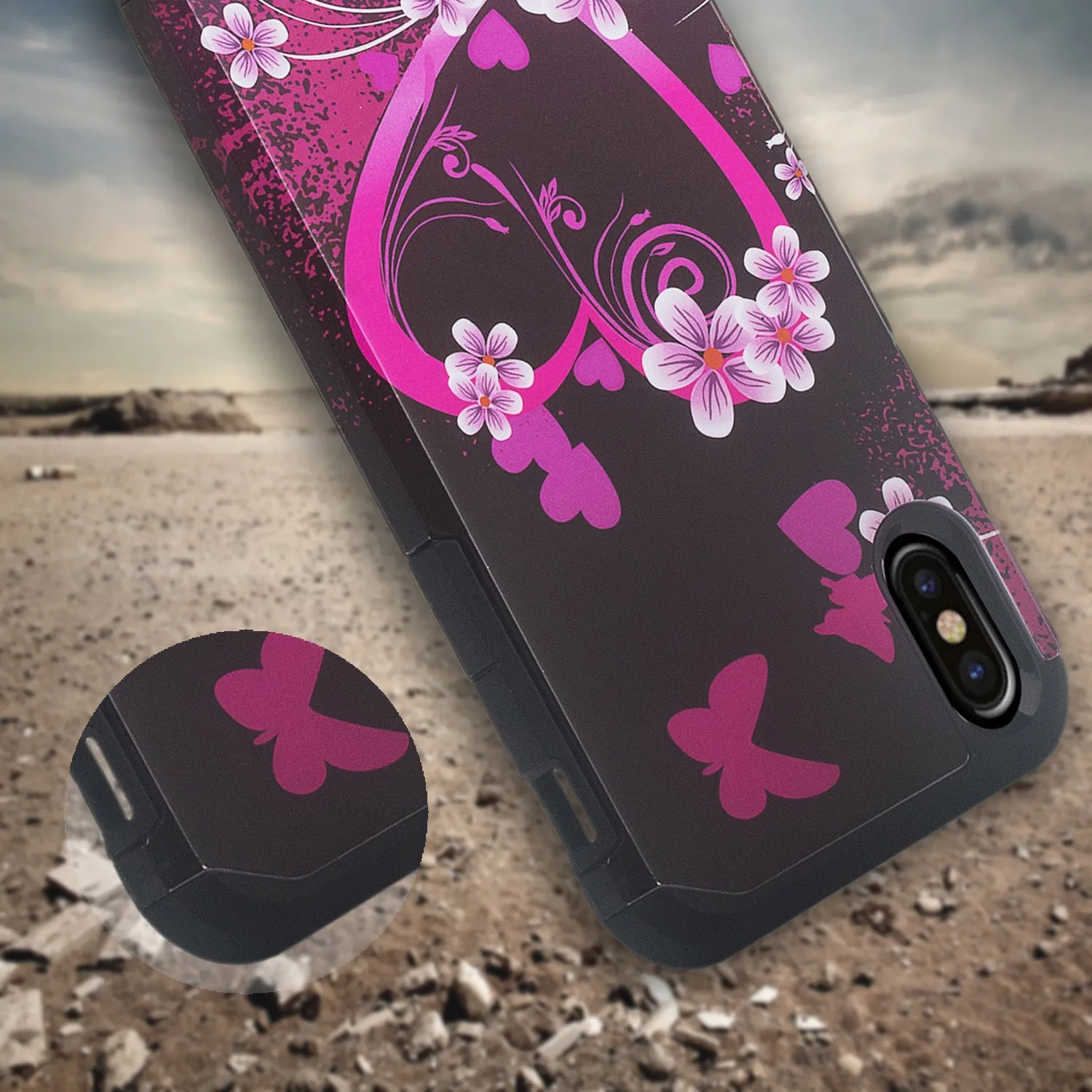 Apple iPhone XR Case, Apple A1984, [Include Temper Glass Screen Protector] Slim Hybrid Dual Layer [Shock Resistant] Case for iPhone XR - Heart Butterflies