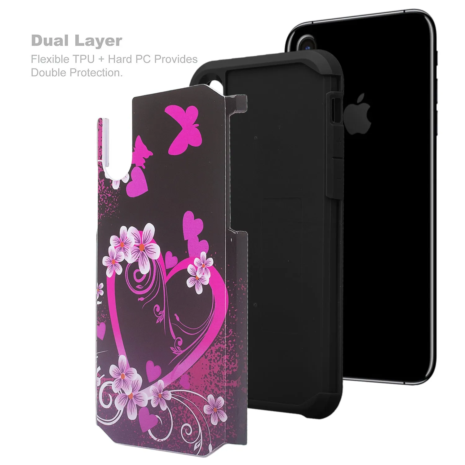 Apple iPhone XR Case, Apple A1984, [Include Temper Glass Screen Protector] Slim Hybrid Dual Layer [Shock Resistant] Case for iPhone XR - Heart Butterflies