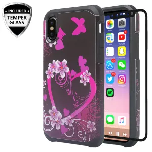 Apple iPhone XR Case, Apple A1984, [Include Temper Glass Screen Protector] Slim Hybrid Dual Layer [Shock Resistant] Case for iPhone XR - Heart Butterflies