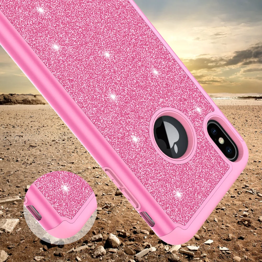Apple iPhone XS Max Case, Apple A1921 Glitter Bling Heavy Duty Shock Proof Hybrid Case with [HD Screen Protector] Dual Layer Protective Phone Case Cover for Apple iPhone XS Max W/Temper Glass - Hot Pink