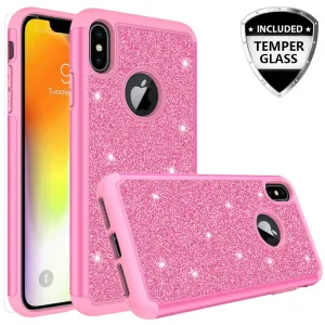Apple iPhone XS Max Case, Apple A1921 Glitter Bling Heavy Duty Shock Proof Hybrid Case with [HD Screen Protector] Dual Layer Protective Phone Case Cover for Apple iPhone XS Max W/Temper Glass - Hot Pink