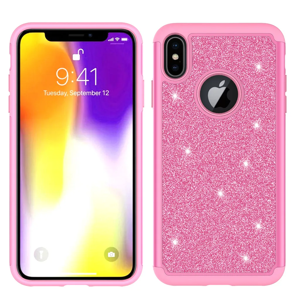 Apple iPhone XS Max Case, Apple A1921 Glitter Bling Heavy Duty Shock Proof Hybrid Case with [HD Screen Protector] Dual Layer Protective Phone Case Cover for Apple iPhone XS Max W/Temper Glass - Hot Pink
