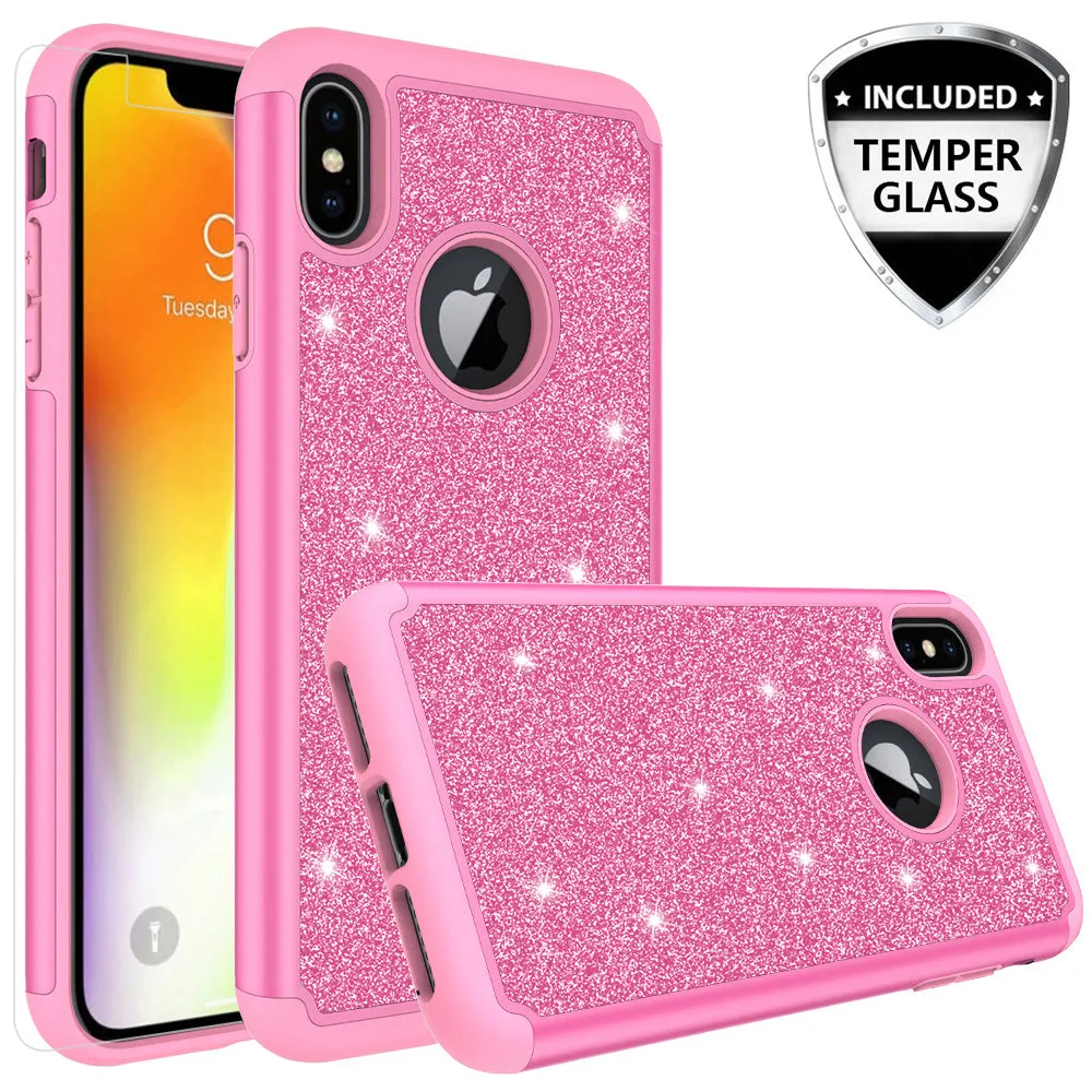 Apple iPhone XS Max Case, Apple A1921 Glitter Bling Heavy Duty Shock Proof Hybrid Case with [HD Screen Protector] Dual Layer Protective Phone Case Cover for Apple iPhone XS Max W/Temper Glass - Hot Pink