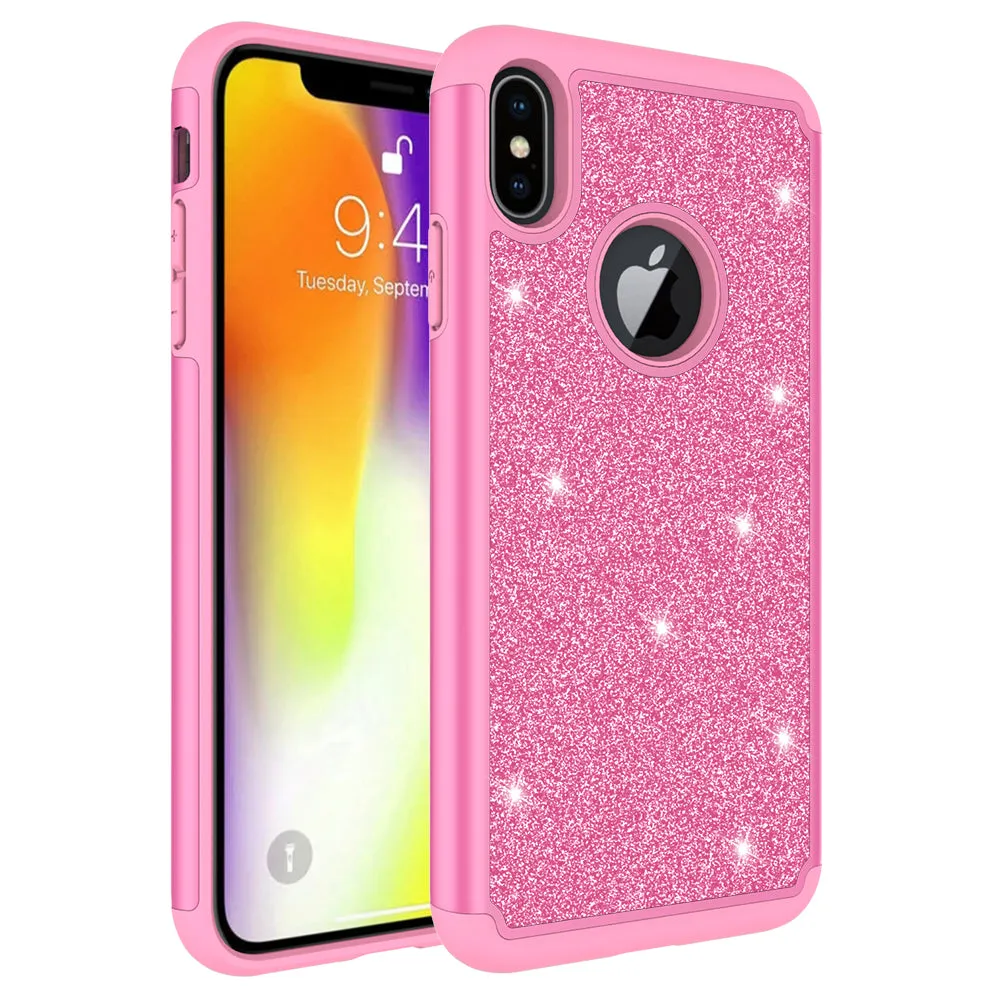Apple iPhone XS Max Case, Apple A1921 Glitter Bling Heavy Duty Shock Proof Hybrid Case with [HD Screen Protector] Dual Layer Protective Phone Case Cover for Apple iPhone XS Max W/Temper Glass - Hot Pink
