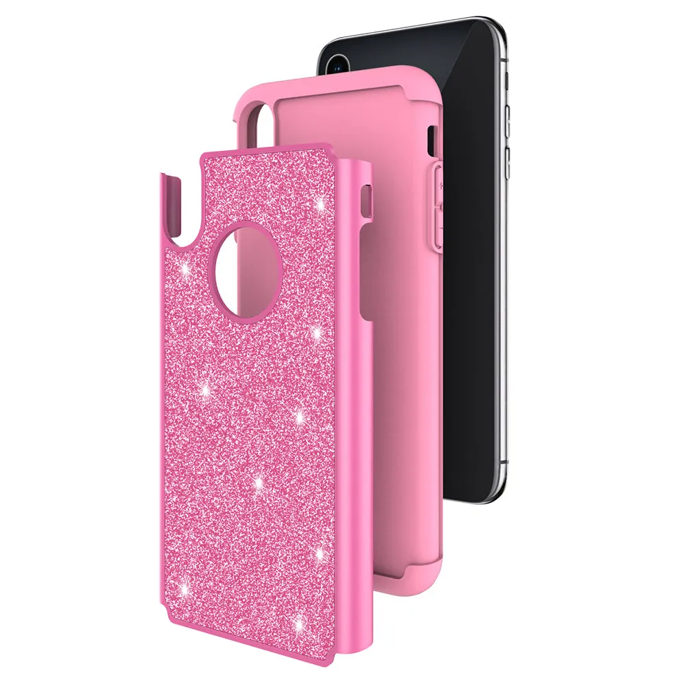Apple iPhone XS Max Case, Apple A1921 Glitter Bling Heavy Duty Shock Proof Hybrid Case with [HD Screen Protector] Dual Layer Protective Phone Case Cover for Apple iPhone XS Max W/Temper Glass - Hot Pink