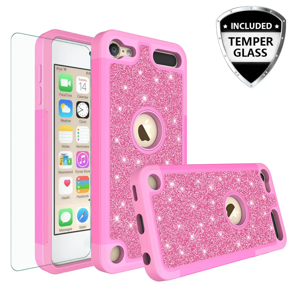 Apple iPod Touch 5 Case, Touch 6 Case,Glitter Bling Heavy Duty Hybrid Case with [HD Screen Protector] Dual Layer Protective Phone Case Cover W/Temper Glass - Hot Pink