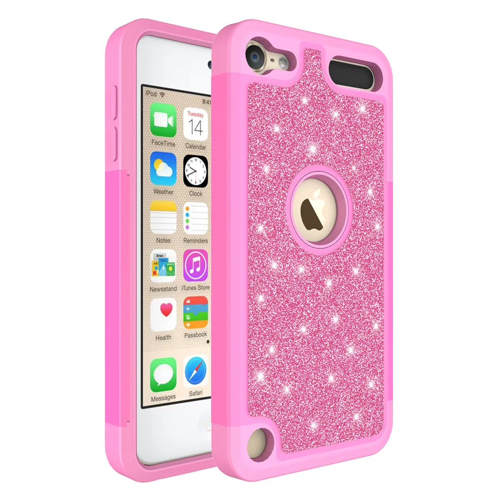 Apple iPod Touch 5 Case, Touch 6 Case,Glitter Bling Heavy Duty Hybrid Case with [HD Screen Protector] Dual Layer Protective Phone Case Cover W/Temper Glass - Hot Pink