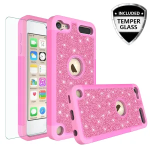 Apple iPod Touch 5 Case, Touch 6 Case,Glitter Bling Heavy Duty Hybrid Case with [HD Screen Protector] Dual Layer Protective Phone Case Cover W/Temper Glass - Hot Pink