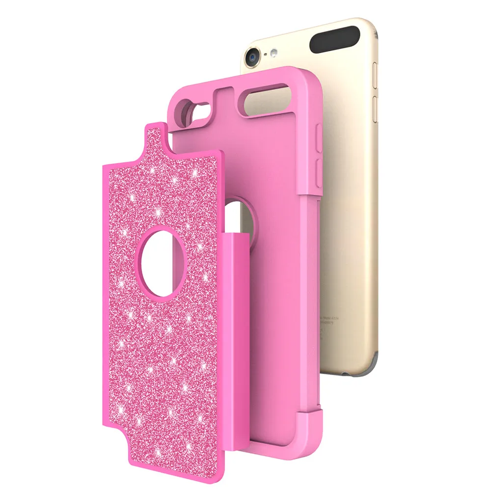 Apple iPod Touch 5 Case, Touch 6 Case,Glitter Bling Heavy Duty Hybrid Case with [HD Screen Protector] Dual Layer Protective Phone Case Cover W/Temper Glass - Hot Pink