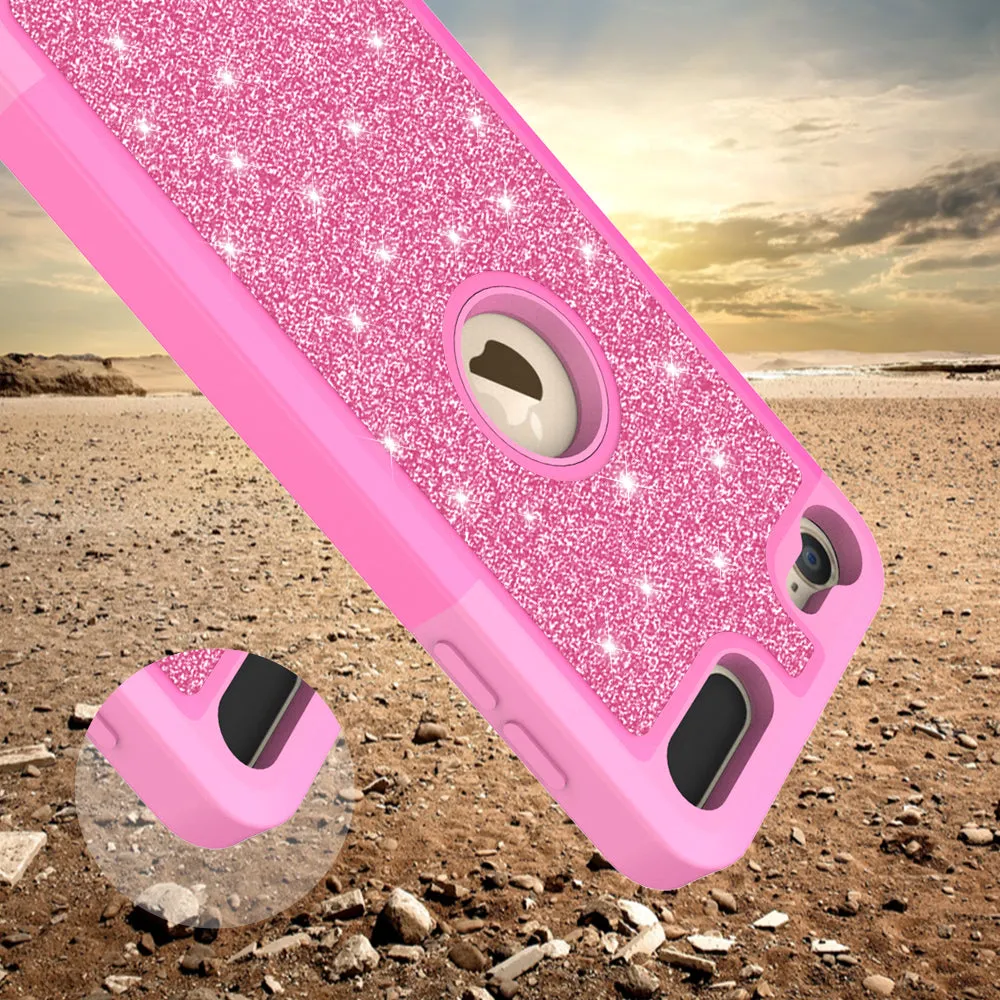 Apple iPod Touch 5 Case, Touch 6 Case,Glitter Bling Heavy Duty Hybrid Case with [HD Screen Protector] Dual Layer Protective Phone Case Cover W/Temper Glass - Hot Pink