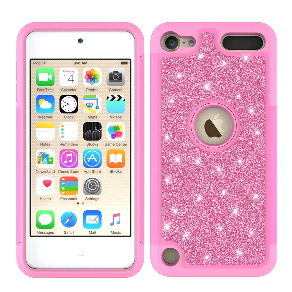 Apple iPod Touch 5 Case, Touch 6 Case,Glitter Bling Heavy Duty Hybrid Case with [HD Screen Protector] Dual Layer Protective Phone Case Cover W/Temper Glass - Hot Pink