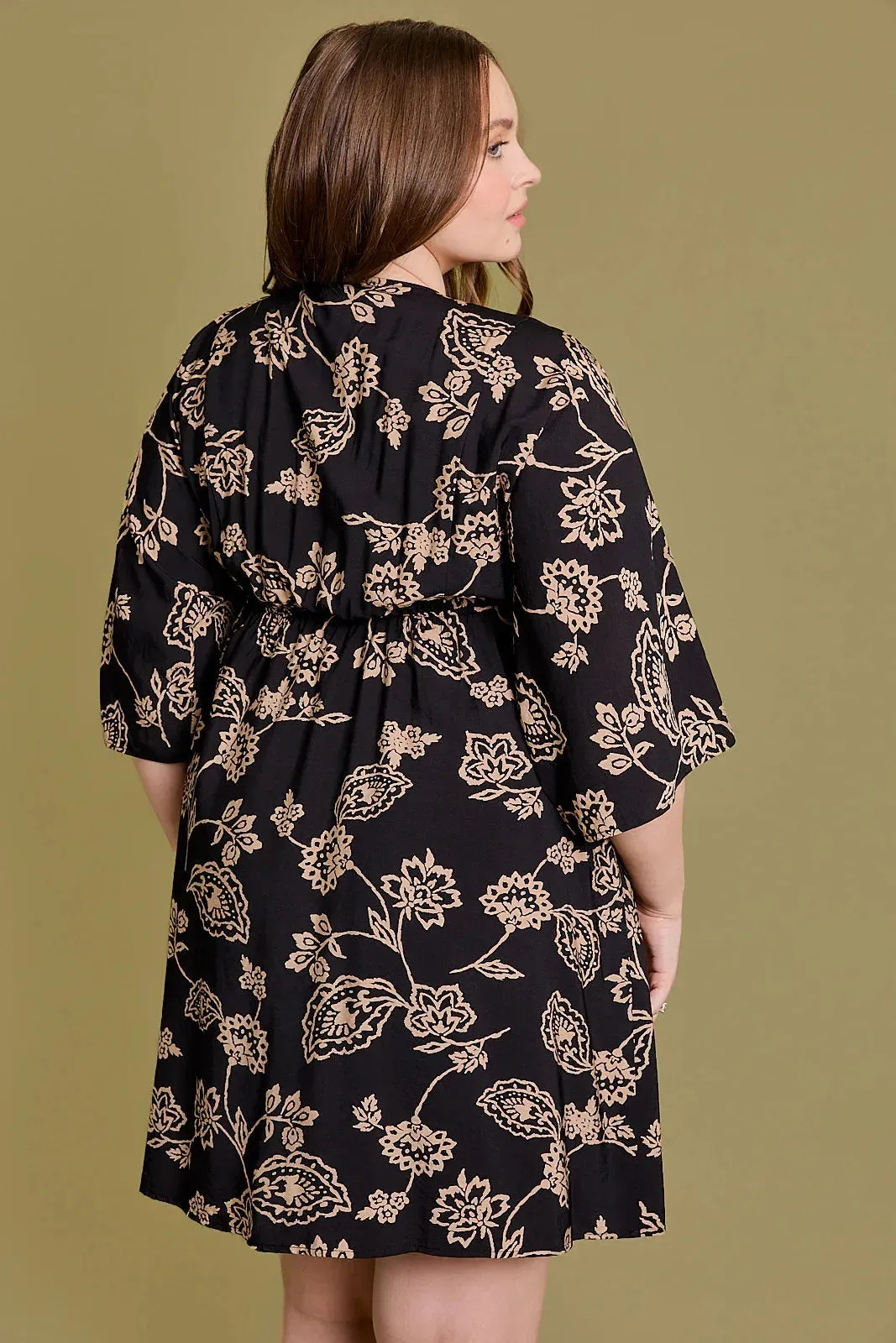 Plus Size Floral A-Line 3/4 Sleeve Mini Dress