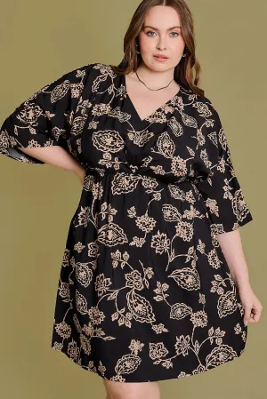 Plus Size Floral A-Line 3/4 Sleeve Mini Dress