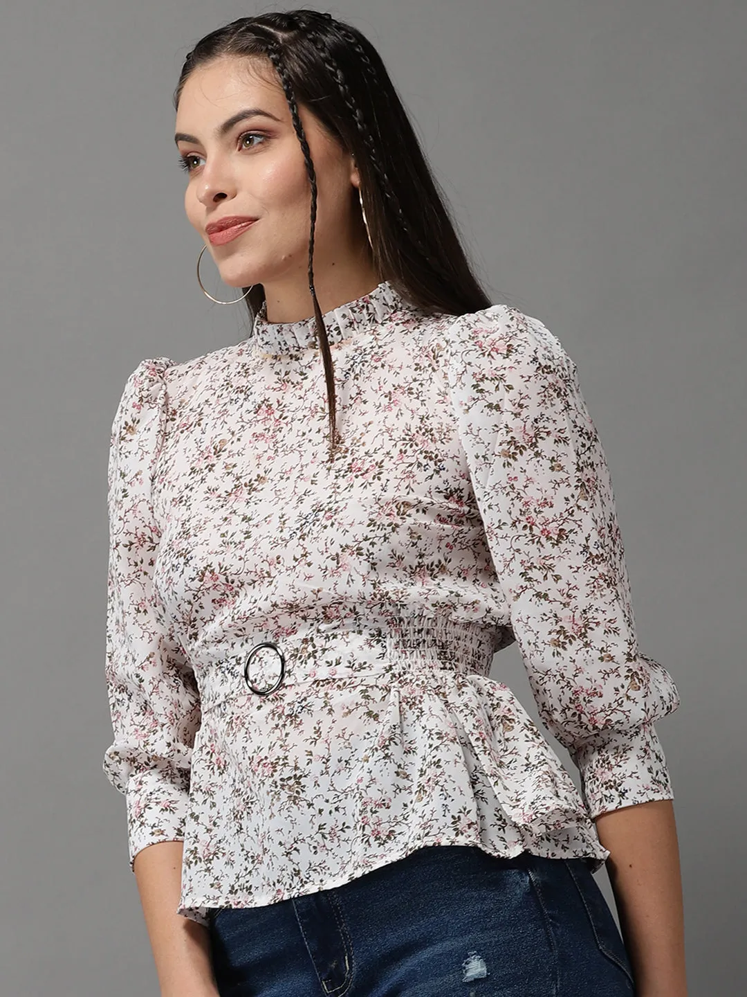 Women's Beige Printed Peplum Top