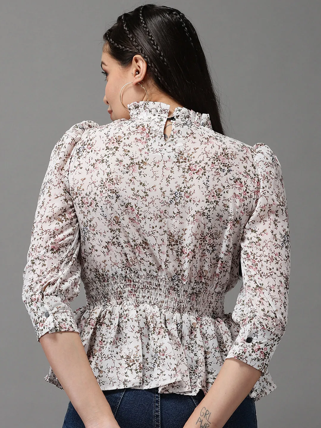 Women's Beige Printed Peplum Top