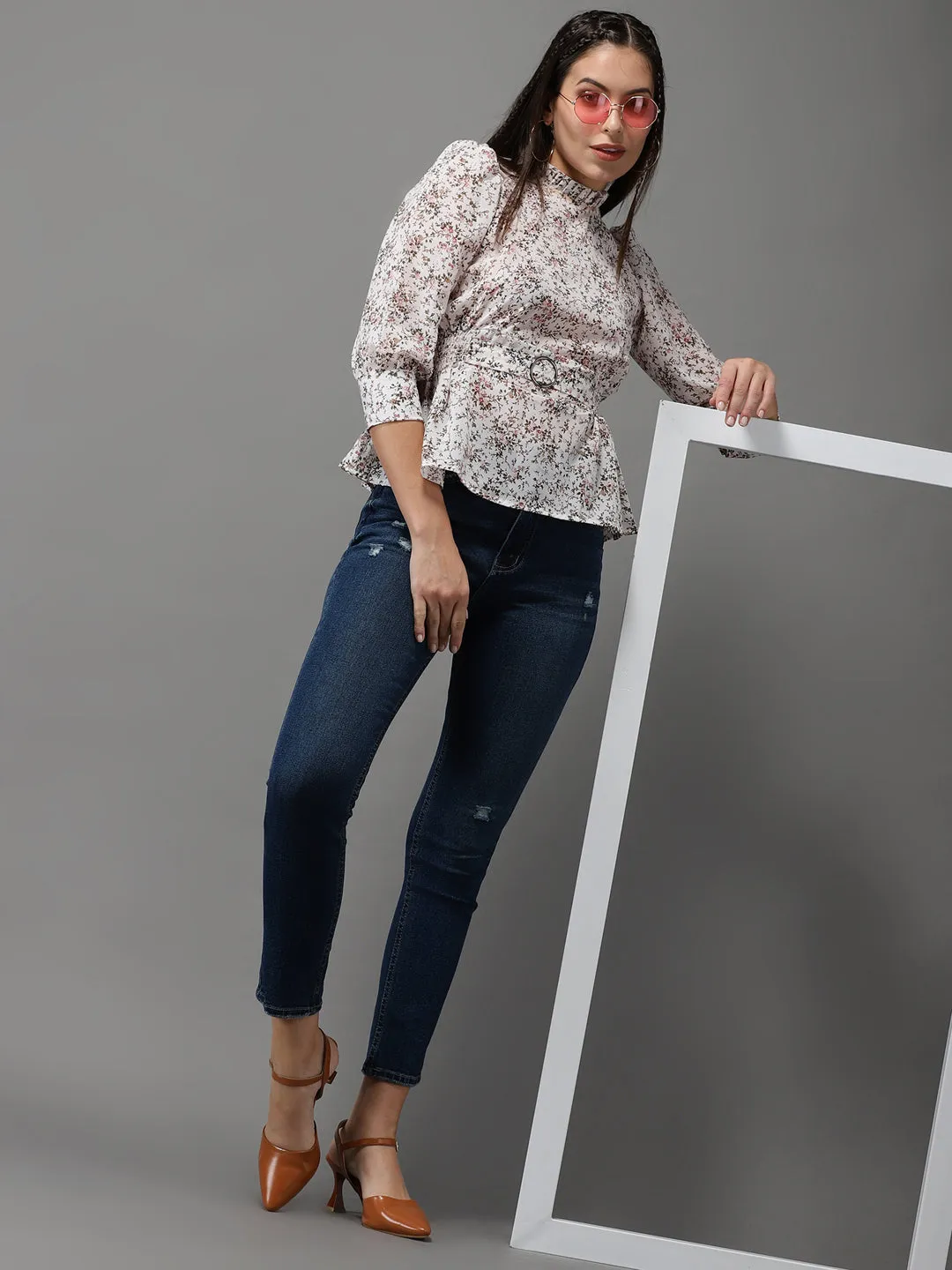 Women's Beige Printed Peplum Top