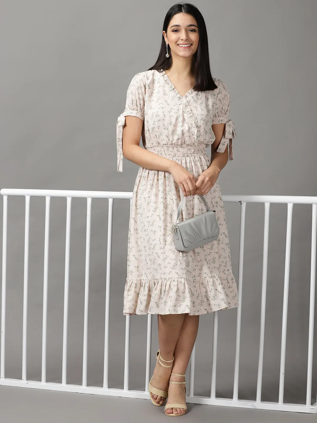 Women's Cream Floral Fit and Flare Dress
