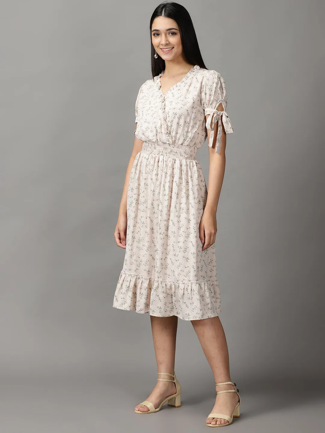 Women's Cream Floral Fit and Flare Dress