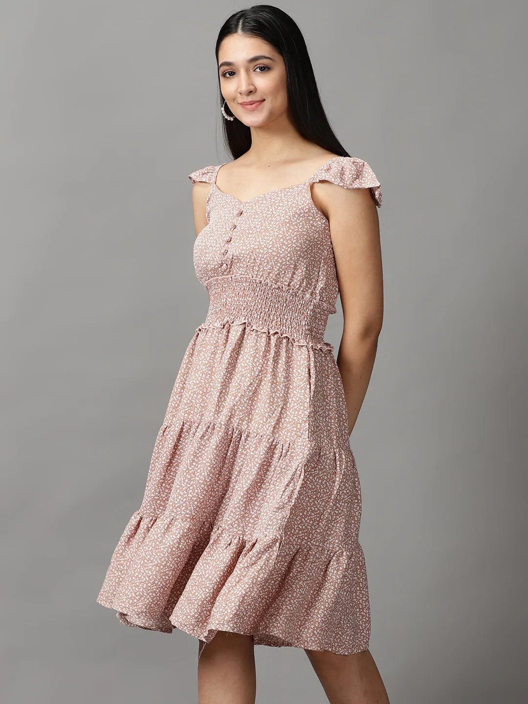 Women's Tan Floral Fit and Flare Dress